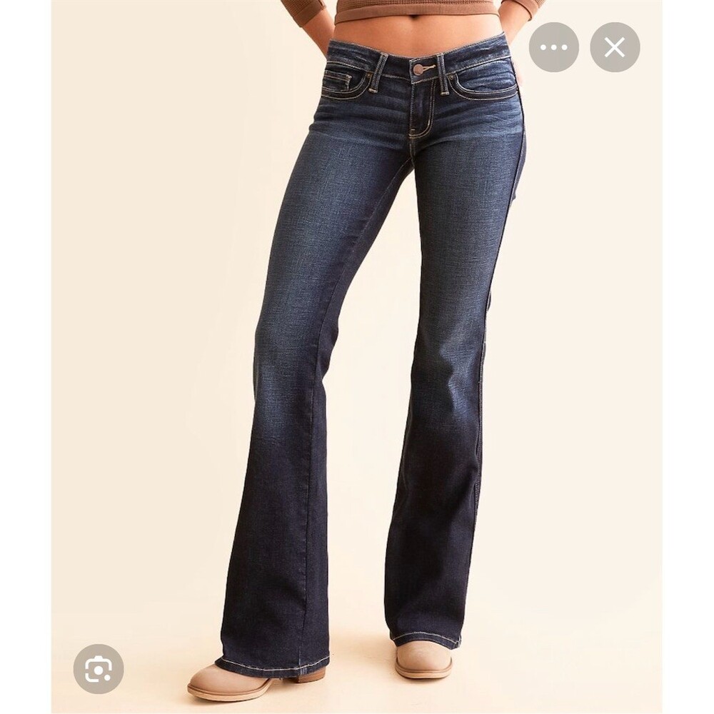 BKE Stella Womens Flared Jeans Dark Wash Low Rise Frayed Hem Buckle 23x33.5